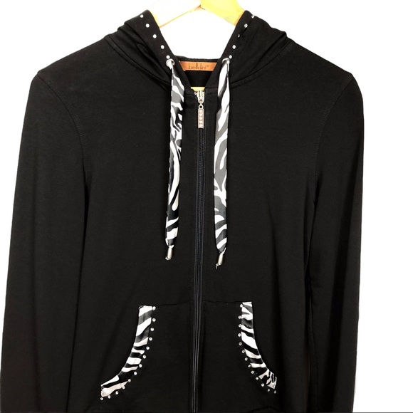 Belldini Rhinestone Zebra Print Zip UP Stretchy Hooded Jacket Black - Picture 3 of 9
